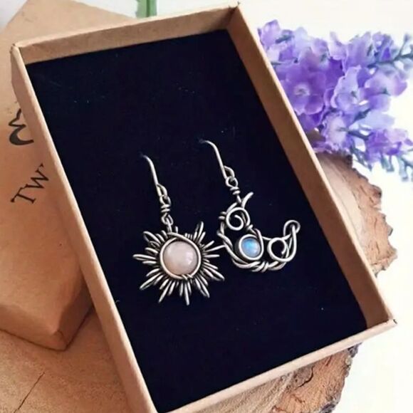 Vintage Style Sun and Moon Earrings Symbolic Harmony Boho Handmade Earrings - Picture 1 of 9